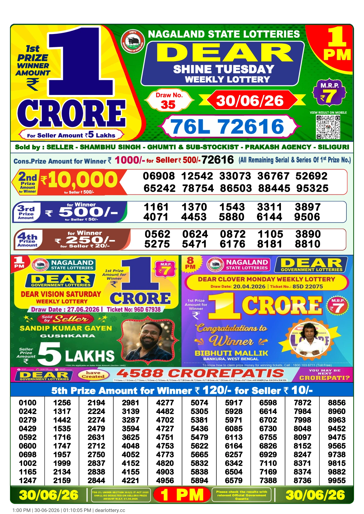 Dear Lottery 1:00 PM Result 30 June 2026 Tuesday - Latest Result