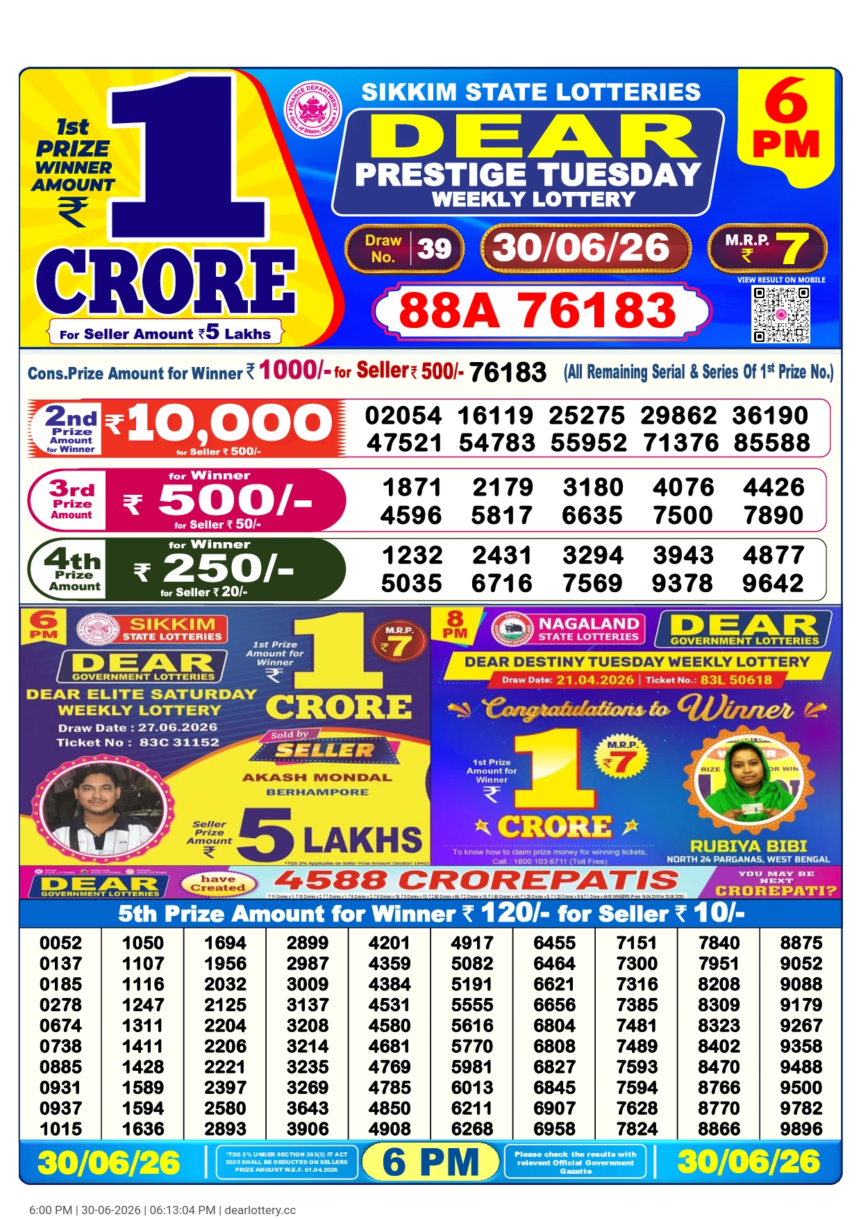 Dear Lottery 6:00 PM Result 30 June 2026 Tuesday - Latest Result